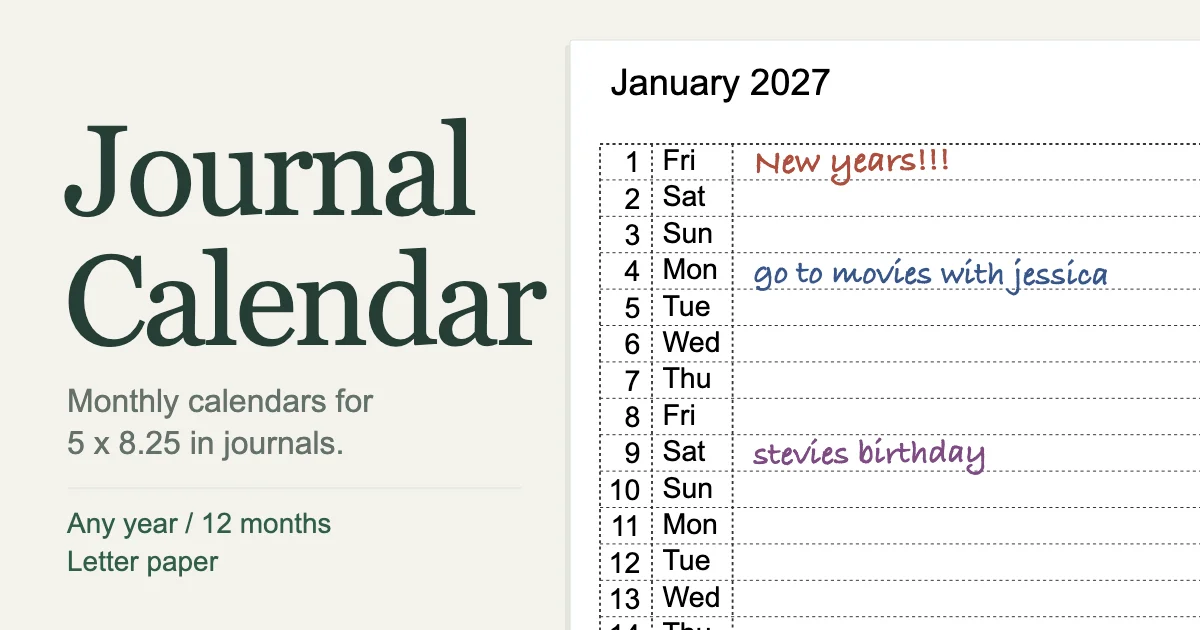 Journal Calendar with an enlarged monthly calendar and handwritten notes for New Year's, a movie outing, and a birthday.